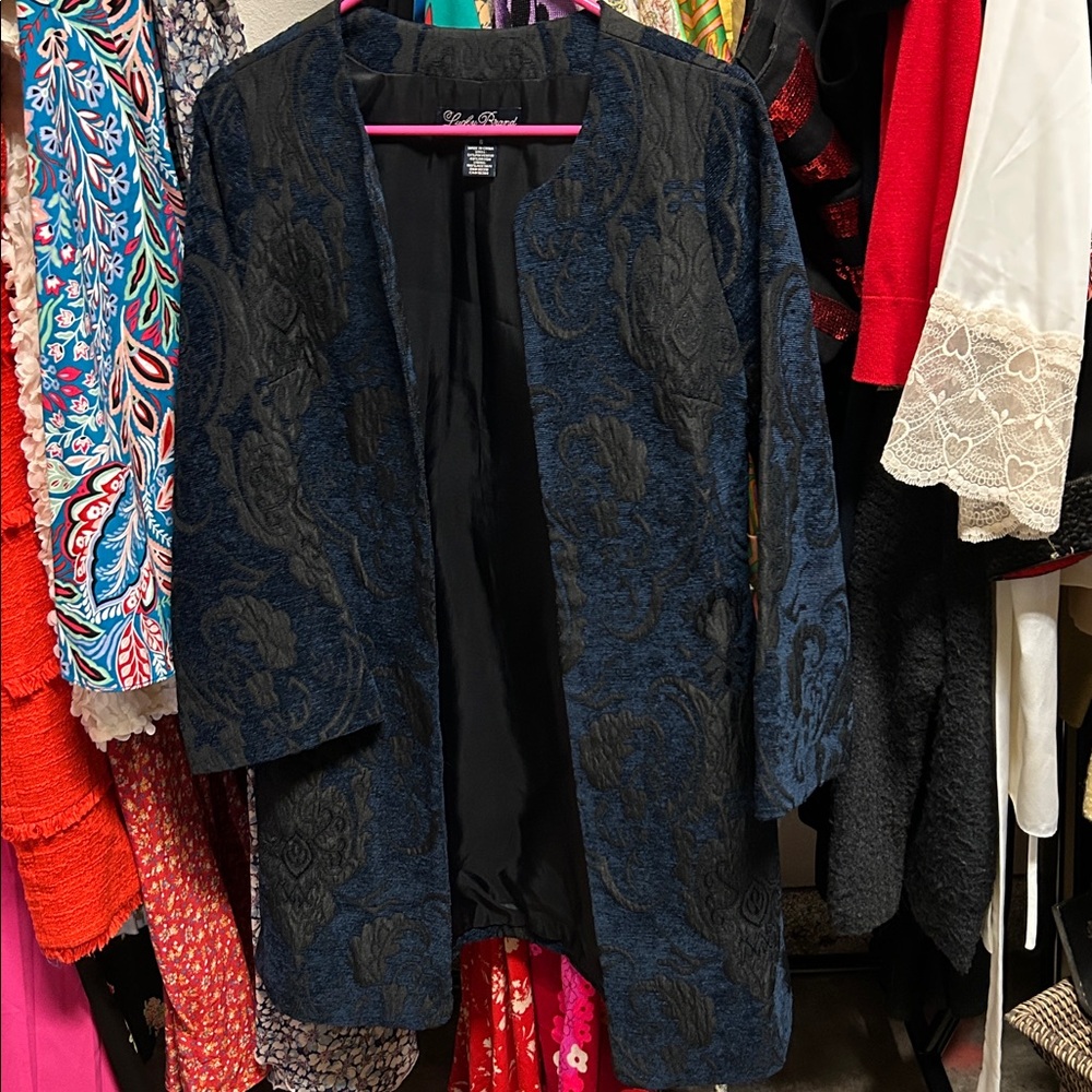 Lucky Brand Black n Blue Jacquard  Stand-Up Collar long blazer jacket